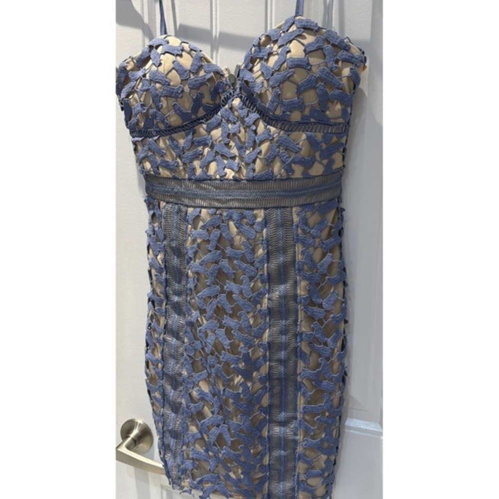Crystal Doll Lace Overlay‎ Bustier Dress – Blue & Nude – Strapless –7 3872